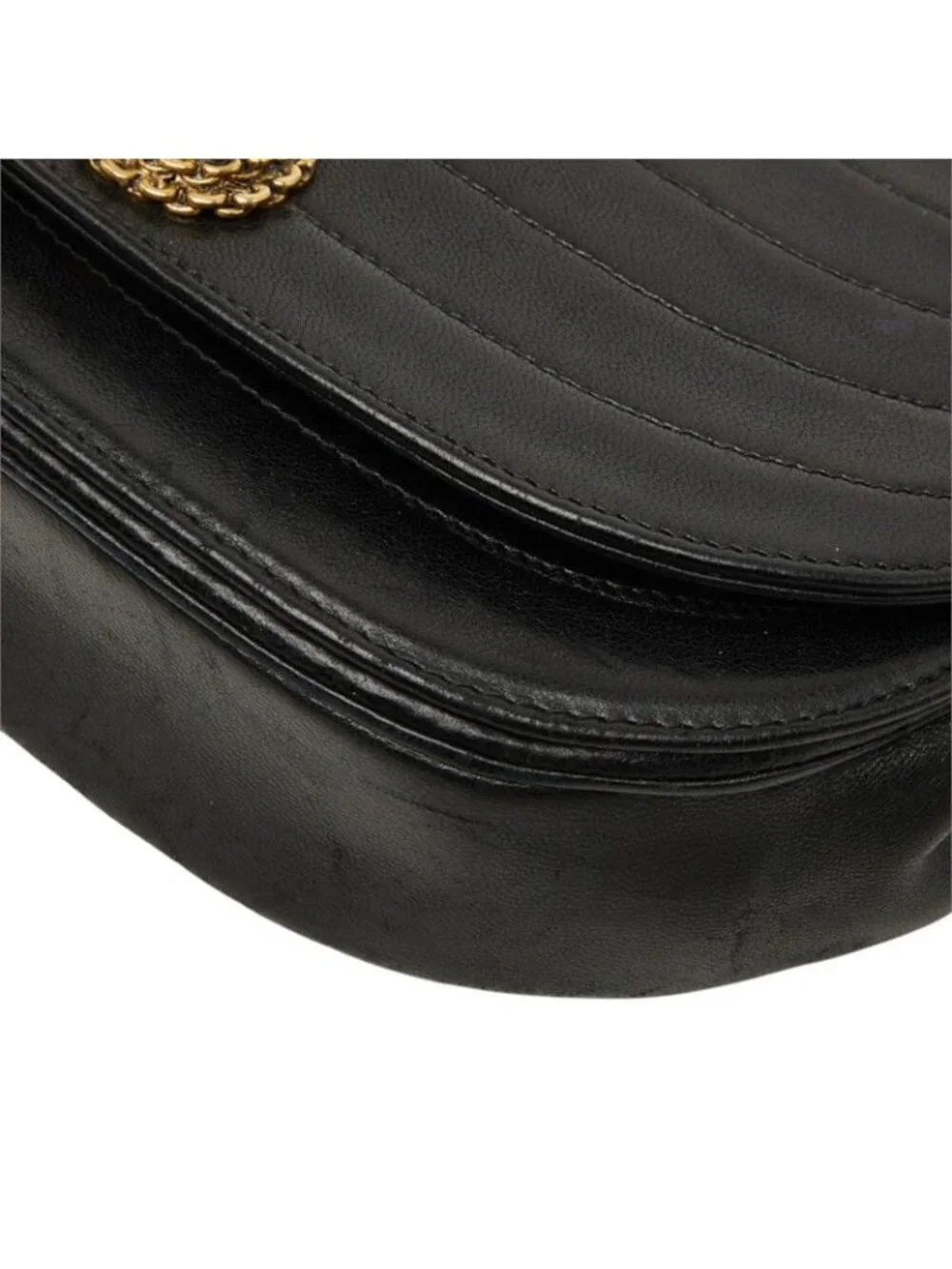 Chanel CC Logo Half Moon Chain Shoulder Bag Black Gold Leather